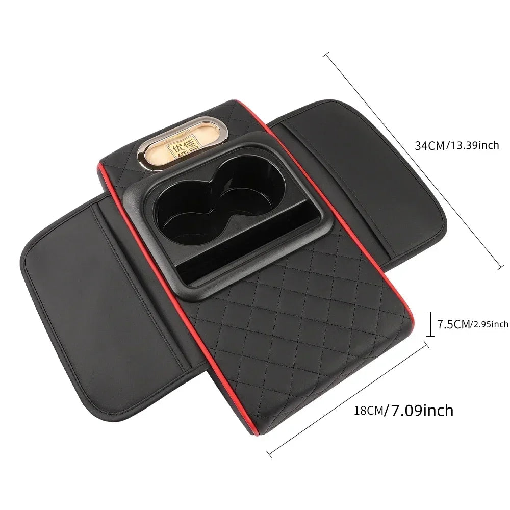 Car Armrest Box Cushion with Pocket Tissue Cup Holder