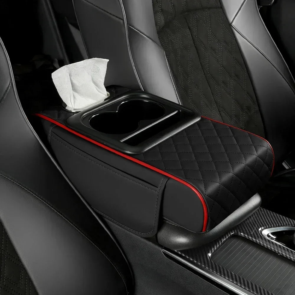 Car Armrest Box Cushion with Pocket Tissue Cup Holder