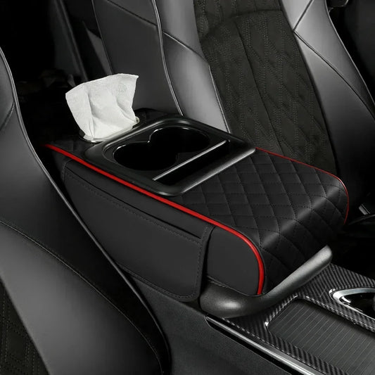 Car Armrest Box Cushion with Pocket Tissue Cup Holder